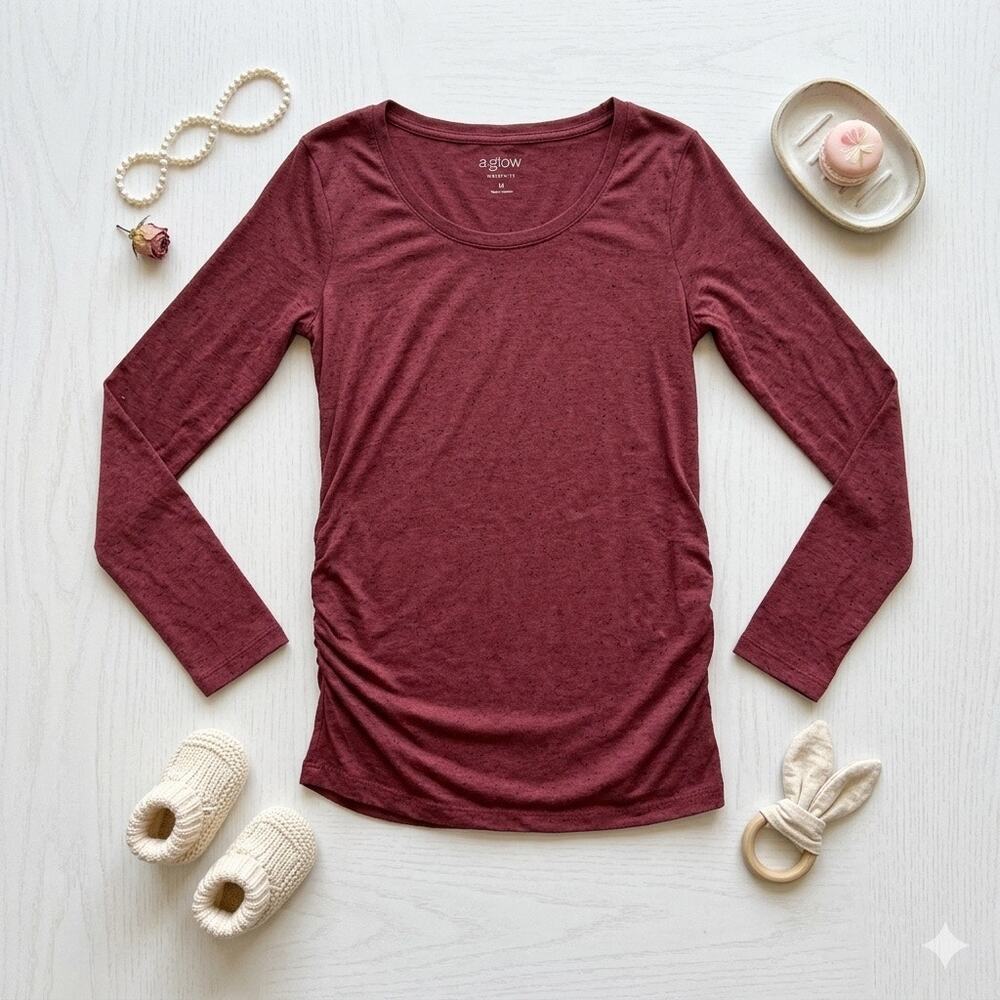 A:Glow Maternity Side Ruched Long Sleeve Tee Maroon Speckled Red Size M Medium